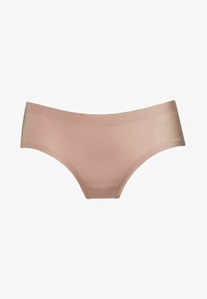 Nude seamless hipster underwear made from smooth, stretchy fabric; features a wide waistband and minimal coverage design.