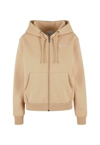 Felpa con zip beige con logo sul lato sinistro del petto. Presenta due tasche anteriori, cappuccio con cordoncino e polsini e orlo a coste. Tessuto morbido.