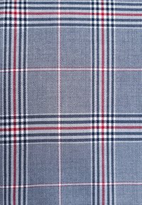 Tkanina w kratkę z niebieską bazą, z białymi i czerwonymi liniami tworzącymi kwadraty, o splotowej teksturze z wieloma kontrastującymi kolorami.