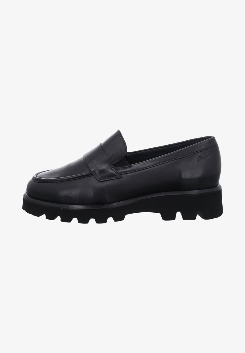 Mocassin en cuir noir avec bout arrondi, dessus lisse et semelle en caoutchouc épaisse équipée de rainures profondes pour une meilleure adhérence. Design simple et élégant.