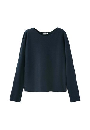 Pull bleu marine à manches longues avec col rond, au design simple et uni sur fond blanc.