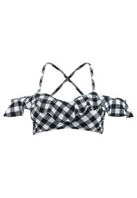 Top de bikini preto e branco em padrão xadrez, com mangas franzidas, alças ajustáveis em cruz e um design estruturado e ajustado.