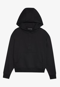 Felpa nera con cappuccio realizzata in tessuto morbido, con tasca a marsupio, polsini ampi e coulisse. Presenta un design minimalista con cappuccio.
