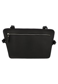 Svart läderväska med rektangulär form, med en framficka med dragkedja och justerbara remmar. Slät textur med minimalistisk design.