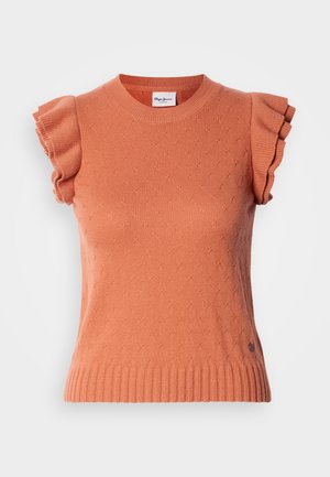 Pull en maille orange à manches courtes avec manches à volants, présentant un motif texturé et un ourlet côtelé. Étiquette de la marque visible à l'avant.