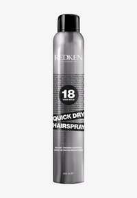 Zilveren aerosol haarlakfles met een zwarte dop. Het voorlabel bevat "Quick Dry Hairspray" en "18 High Hold" in vetgedrukte tekst. Inhoud van 400 ml.