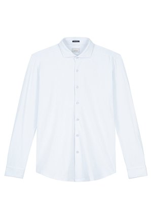 Camisa de manga larga, con cuello, en algodón azul claro, que presenta un cierre de botones, un sutil logo y mangas con puños de textura suave.