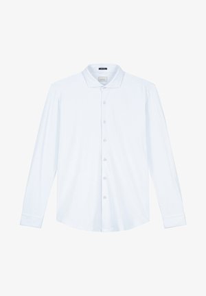 Košela s dlhým rukávom a golierom v svetlomodrej bavlne, so zapínaním na gombíky, jemným logom a s dvojitými manžetami s hladkou textúrou.