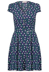 Robe bleu marine à manches courtes avec imprimé fleurs blanches et feuilles vertes, encolure en V, boutonnée devant, taille cintrée et jupe évasée.