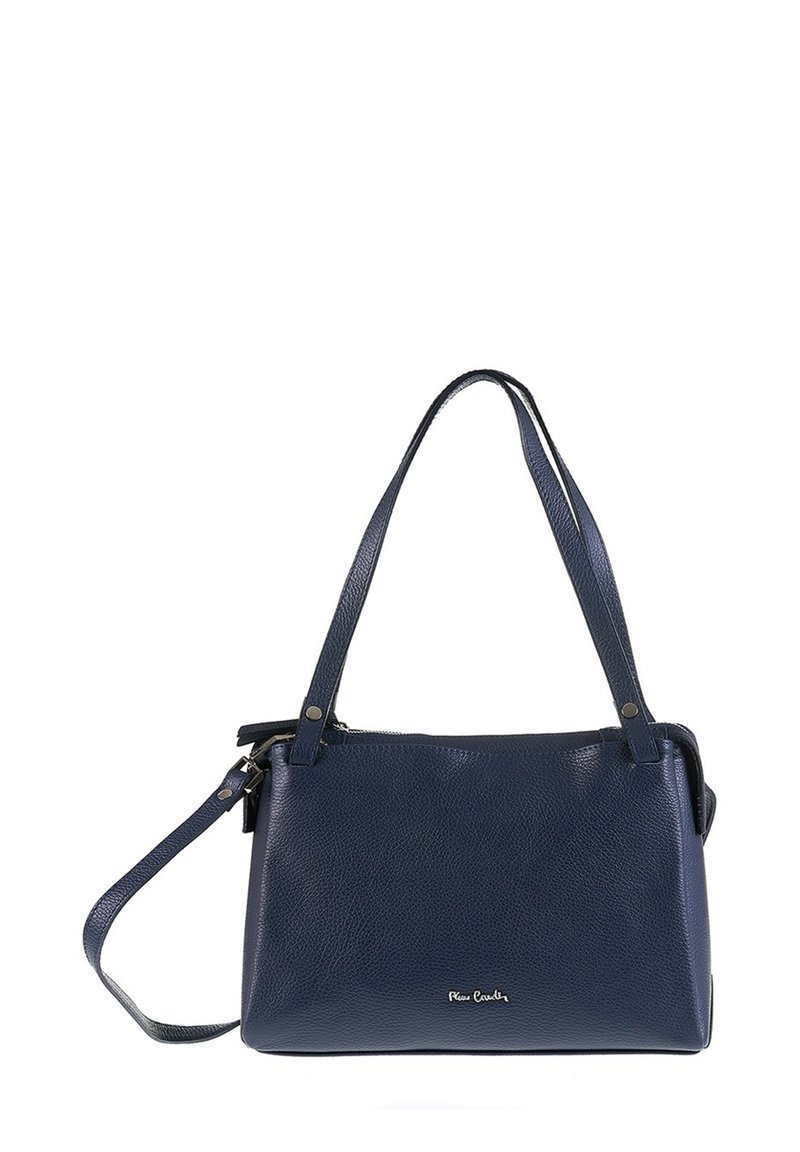 Borsa a mano in pelle blu navy con finitura testurizzata, due manici corti e una tracolla rimovibile e regolabile. Presenta una chiusura con zip e dettagli del logo.