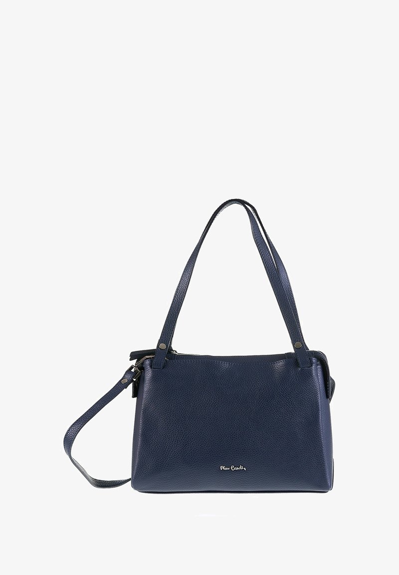 Donkerblauwe leren handtas met een gestructureerde afwerking, twee korte handvatten en een afneembare, verstelbare schouderband. Voorzien van een ritssluiting en logo-detail.