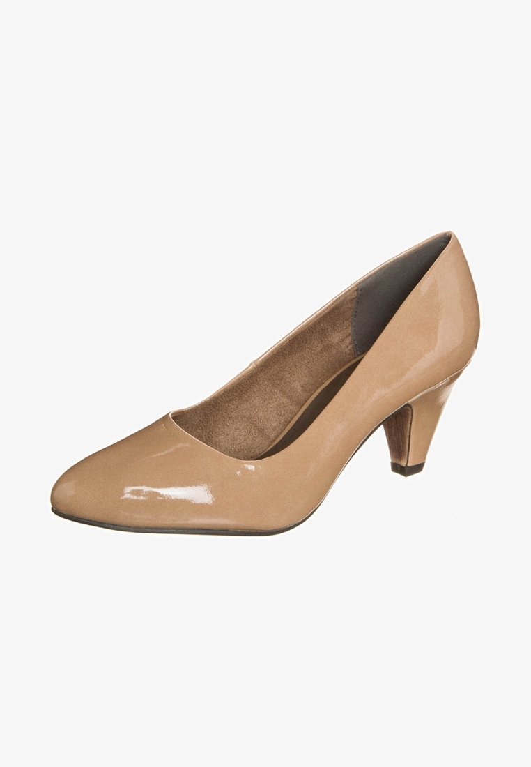 Escarpin pour femmes en cuir verni beige avec un talon mi-bas et un bout pointu arrondi.