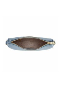 Borsa a pochette in pelle blu con texture e zip dorata. L'interno presenta un motivo logo ripetuto in beige chiaro.
