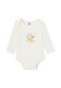 Langärmliger Babybodysuit in Creme, mit einem Löwenmotiv unter einem Baum und dem Text "Zukünftiger König" in Gold. Weicher Baumwollstoff.