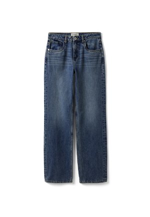 Jeans denim blu a gamba dritta con chiusura a bottone e cerniera, tasche frontali e etichetta del marchio visibile sulla vita.