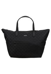 Czarna torba na ramię wykonana z teksturowanej tkaniny z geometrycznym wzorem, z podwójnymi czarnymi skórzanymi uchwytami i zamknięciem na zamek błyskawiczny. Wyświetlone logo JOOP!