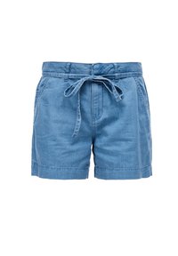 Ljust blå denimshorts med dragsko i midjan, sidofickor och uppvikta avslut. Tillverkade av ett mjukt, texturerat tyg.