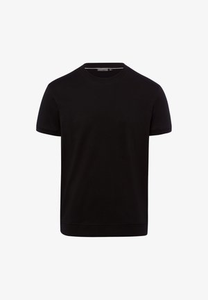 Schwarzes T-Shirt mit kurzen Ärmeln und Rundhalsausschnitt, geradem Saum und ohne sichtbare Logos oder Muster, auf weißem Hintergrund dargestellt.