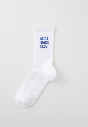 White athletic sock with ribbed texture, featuring blue "ASICS TRACK CLUB" text on the side. Standard ankle height design.