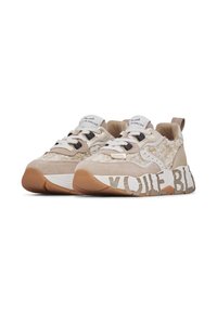 Beige sneakers with a textured suede upper, white accents, and a chunky sole featuring "VOILE BLANCHE" in bold lettering on the side.