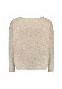 Maglione beige con vestibilità ampia, scollo rotondo e maniche trequarti. Tessuto morbido e strutturato con una lieve profondità visiva.