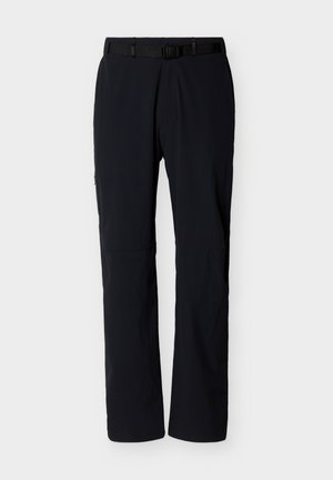 Zwarte outdoor wandelbroek met geïntegreerde verstelbare riem, rechte pijpen en een zijzak met rits.