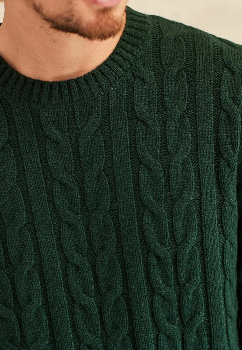 Homme portant un pull torsadé vert foncé avec un col rond côtelé et des motifs torsadés texturés sur le tissu.