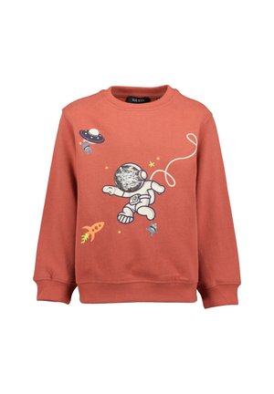 Rustfarvet sweatshirt med en sølv paliet-beklædt astronaut, raket, UFO og små blå aliens, der svæver rundt i rummet.