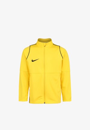 Žltý prémiový kabát z hladkej látky s falošným golierom, plným zipsom, čiernymi akcentmi a malým čiernym logom na ľavej strane hrude.