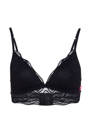 Bralette en dentelle noire avec bretelles fines réglables, bande en mesh semi-transparent et motif subtil en forme de vagues.