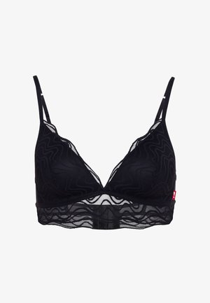 Black lace bralette with adjustable thin straps, semi-sheer mesh band, and subtle wave pattern detailing.