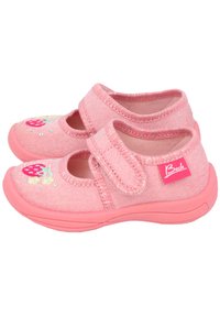 Rosa Stoffschuhe mit Klettverschluss; mit floralem Stickerei und Pailletten auf der Vorderseite. Textil-Obermaterial und weiche Gummisohle.