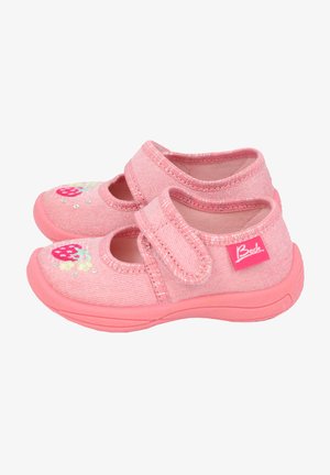 Roze stoffen schoenen met klittenbandsluitingen; voorzien van bloemenborduurwerk en pailletten aan de voorkant. Textuur bovenkant en zachte rubberen zool.