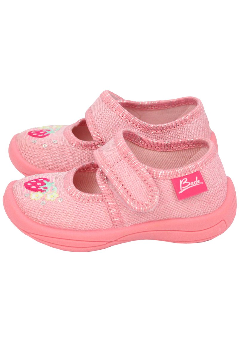 Rosa Stoffschuhe mit Klettverschluss; mit floralem Stickerei und Pailletten auf der Vorderseite. Textil-Obermaterial und weiche Gummisohle.