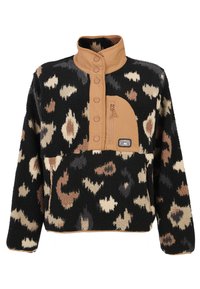 Pulover od flisa u crnoj boji s uzorkom leopard pijetla u smeđoj i krem boji, s bež zip-zip zatvaračem na prsima i zatvaranjem na dugmad.