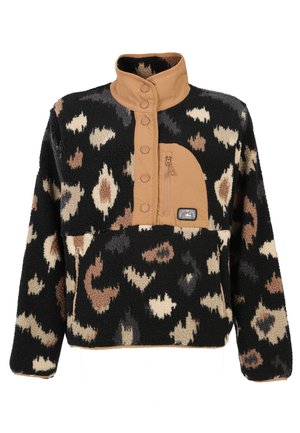 Fleece pullover in black with a leopard print pattern in brown and cream, featuring a beige zippered chest pocket and snap button closure.