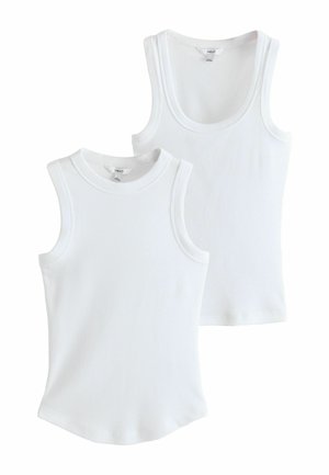 Two white ribbed sleeveless tank tops, one with a crew neck and one with a scoop neck, laid flat on a white background.