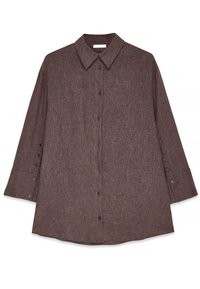 Pruun, pikkade varrukatega nööpidega särk, mis on valmistatud tekstuurilisest kangast, klassikalise kraega, esi- ja nööpidega mansettidega.