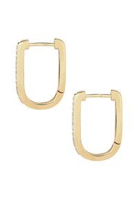 Pendientes de aro en tono dorado con forma rectangular, que presentan una fila de pequeños cristales transparentes a lo largo de un lado. Superficie lisa y acabado brillante.