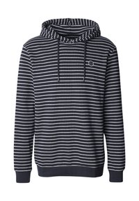 Gestreepte hoodie in marineblauw en wit, voorzien van een capuchon met trekkoord en geribde boorden. Zachte stof met een logopatch op de borst.