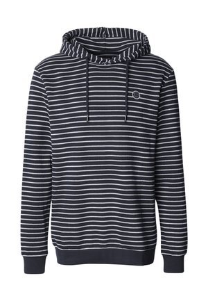 Stribet hættetrøje i marineblå og hvid med snøre i hætten og ribstrikkede manchetter. Blødt stof med et logopatch på brystet.