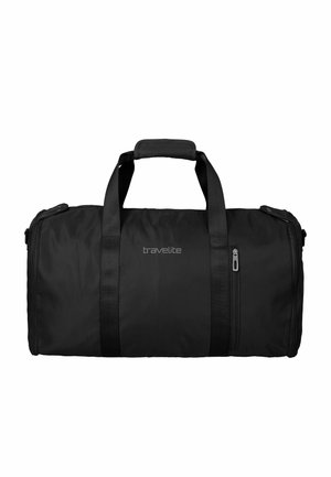 Schwarze rechteckige Reisetasche mit zwei Griffen, einer vorderen Reißverschlusstasche und dem "travelite"-Logo in der Mitte.