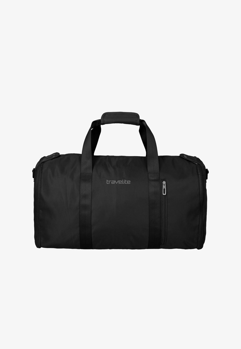 Bolsa de viaje rectangular negra con asas dobles, un bolsillo frontal con cremallera y el logo "travelite" en el centro.