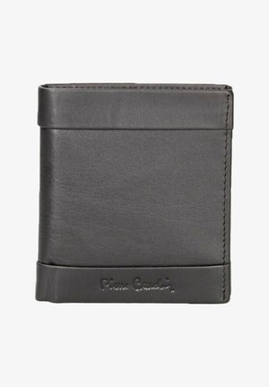 Portefeuille en cuir noir avec une texture lisse, de forme rectangulaire et des coutures discrètes. Présente un logo embossé à l'avant. Design fin et compact.