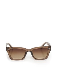 Rjave pravokotne sončna očala z gradientnimi stekli. Izdelana iz sijoče plastike z ozkimi ročaji. Preprost dizajn brez vidnih logotipov ali vzorcev.