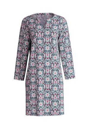 Bloemenpatronen jurk met een V-halslijn, lange mouwen en een losse fit. Voornamelijk lichtblauw met roze en groene accenten.