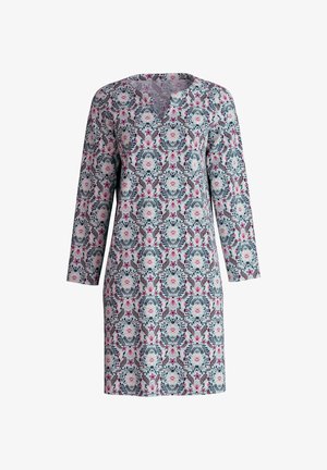 Floral-patterned dress with a v-neckline, long sleeves, and a loose fit. Predominantly light blue with pink and green accents.