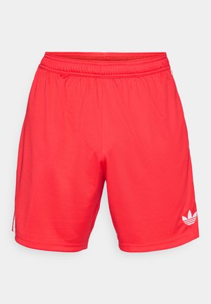 Red athletic shorts with an elastic waistband, made of lightweight fabric. Features the Adidas logo in white on the left side.