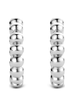 Silberne Creolen mit einem Design aus abwechselnd glatten und runden Perlen mit polierter Oberfläche. Jede Perle ist gleichmäßig verteilt.