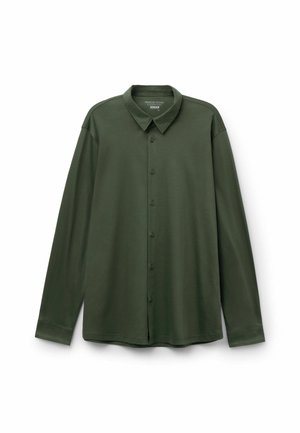 Donkergroene blouse met lange mouwen, knopen, puntkraag, zichtbare knopen aan de voorkant en een rechte zoom.